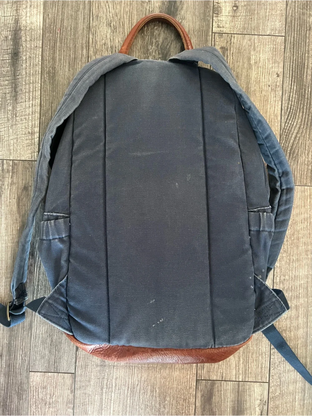 Duluth Trading Co Navy Canvas Backpack with Brown Leather Trim